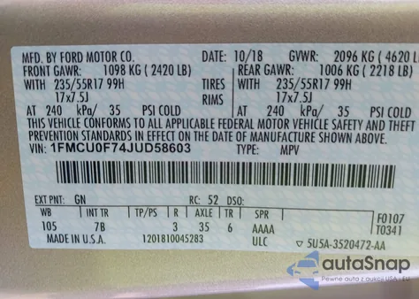 2018 Ford Escape S from USA, damaged, VIN 1FMCU0F74JUD58603